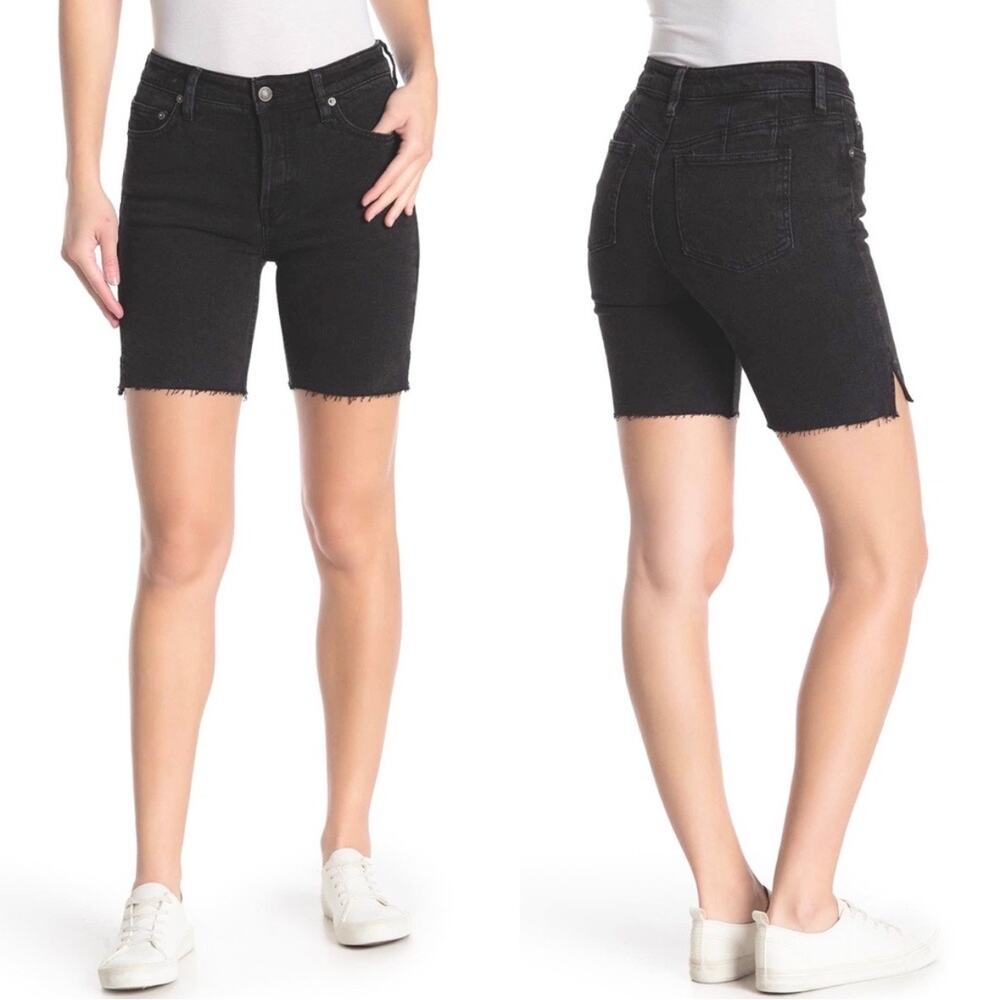 Free People Black Denim Bermuda Shorts High Rise Button Fly Raw Hem Size 26